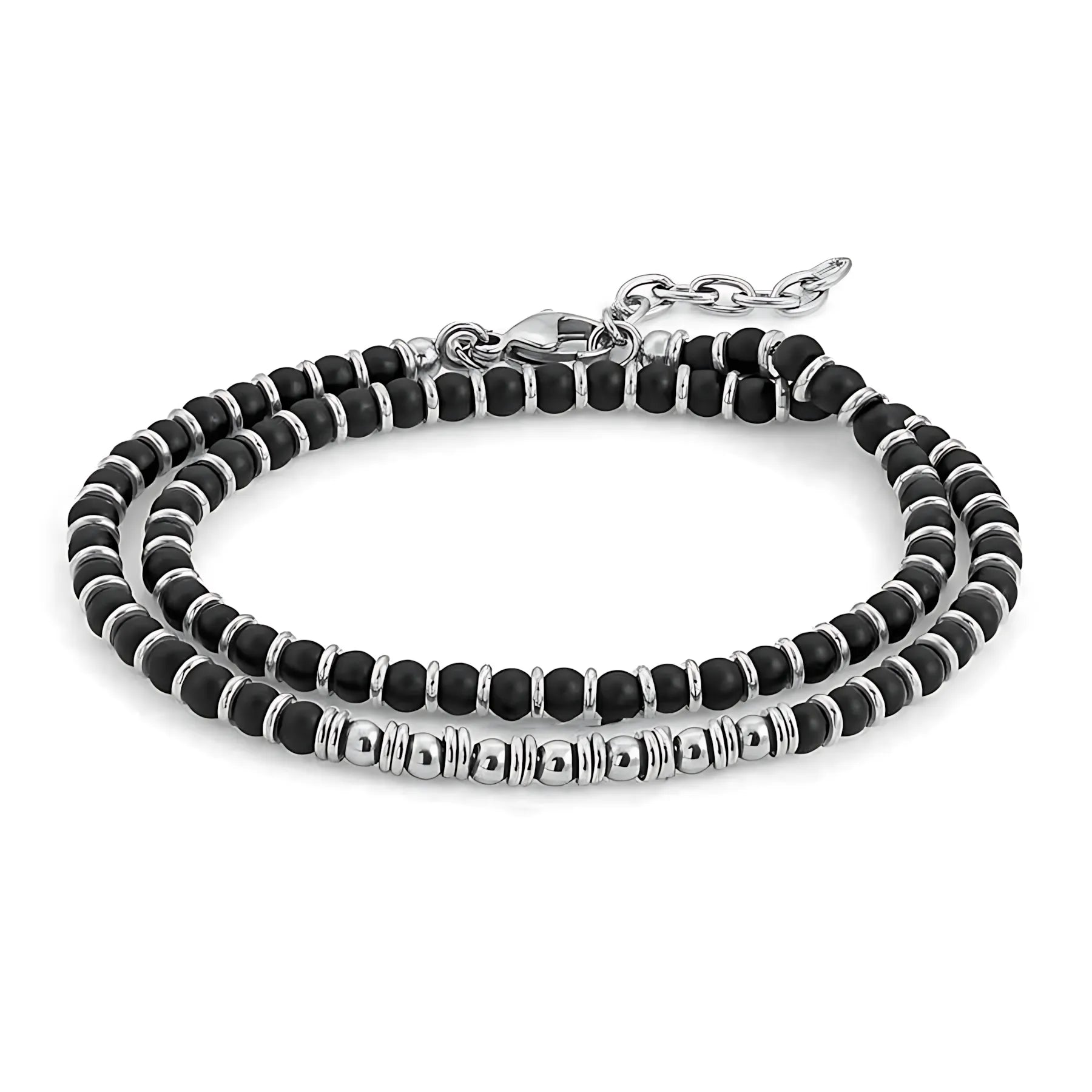 Obsidian & Stainless Steel Double Chain Bead Bracelet – Modern Layered Style – Silver | Metta Jewelry