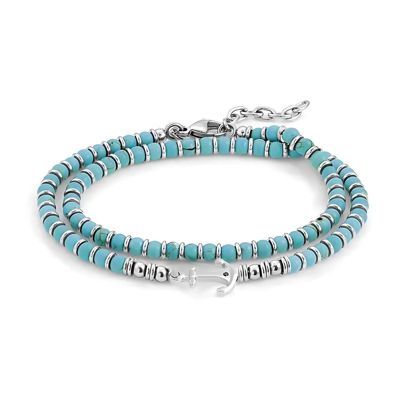 Double Chain Anchor Stone & Steel Bead Bracelet – Turquoise / Obsidian – Cyanite | Metta Jewelry