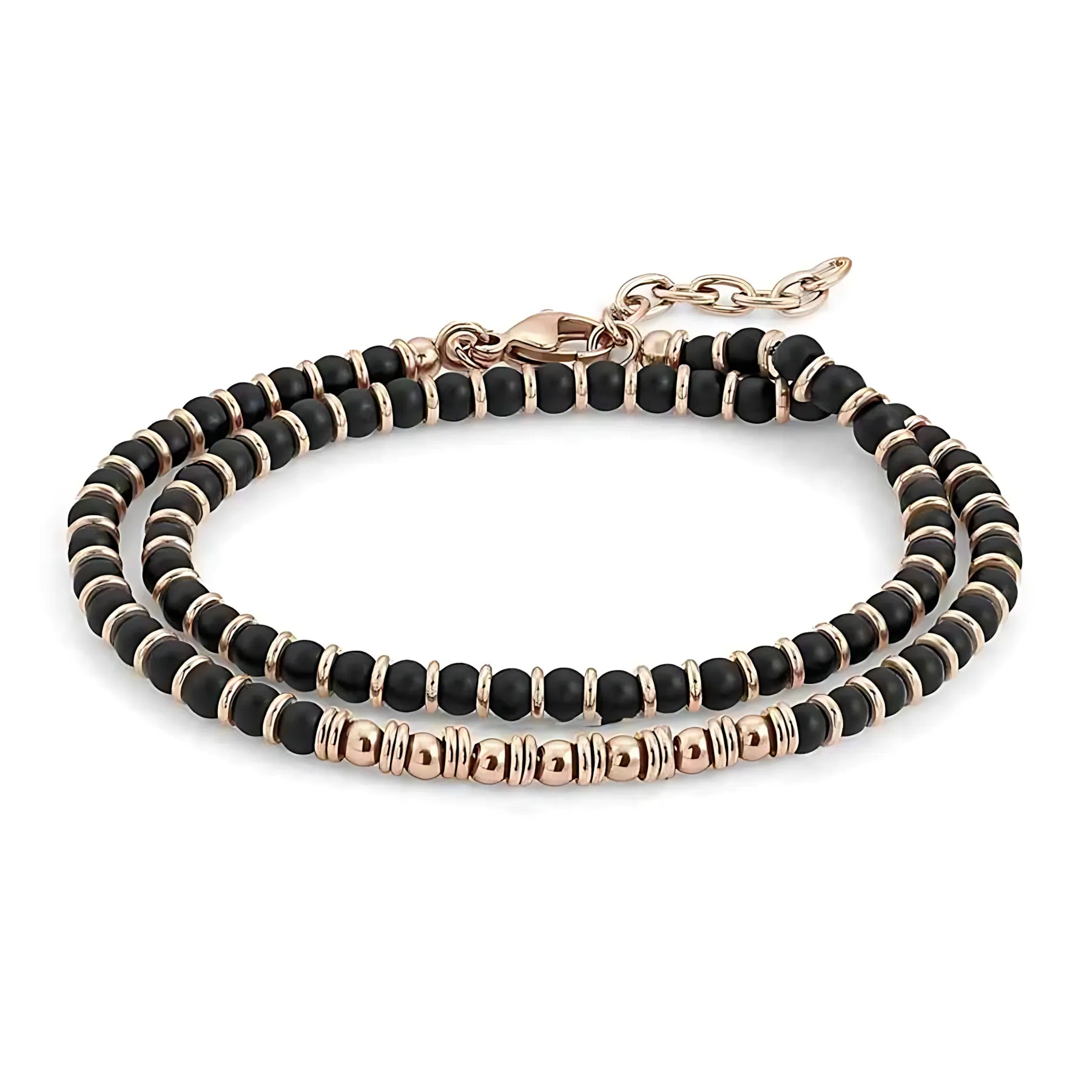 Obsidian & Stainless Steel Double Chain Bead Bracelet – Modern Layered Style – Golden | Metta Jewelry