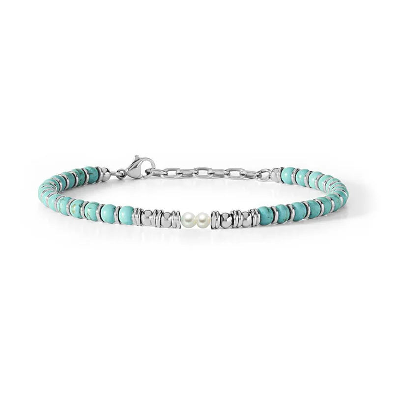 Turquoise & Stainless Steel Bead Bracelet with Flag / Pearl / Loop Accents – Modern Style – White pearl | Metta Jewelry