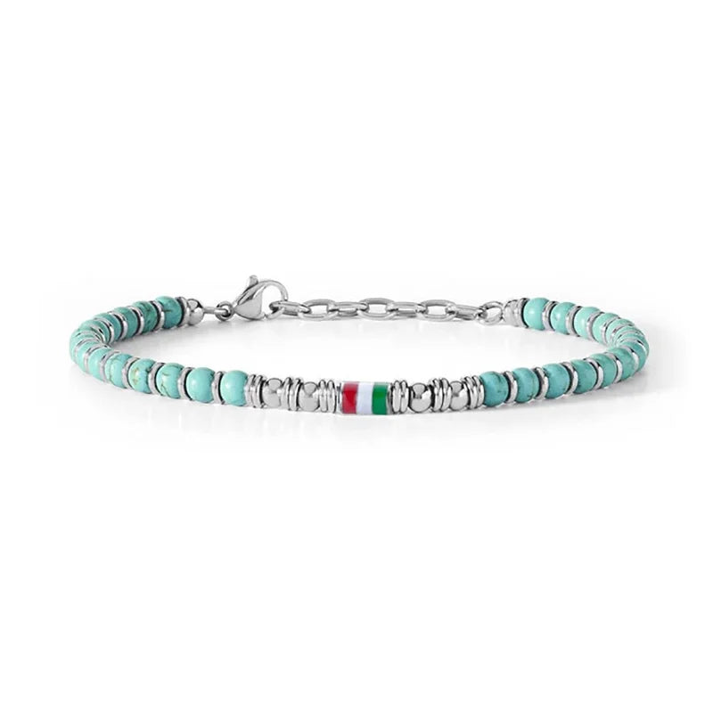 Turquoise & Stainless Steel Bead Bracelet with Flag / Pearl / Loop Accents – Modern Style – National flag | Metta Jewelry