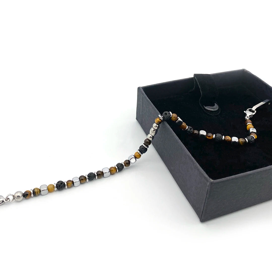 Tiger’s Eye & Volcanic Rock Steel Spacer Bead Bracelet – Modern Minimal Style – | Metta Jewelry