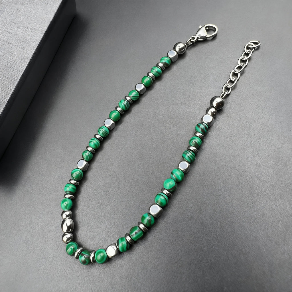 Malachite & Stainless Steel Bead Bracelet – Modern Minimal Style – | Metta Jewelry