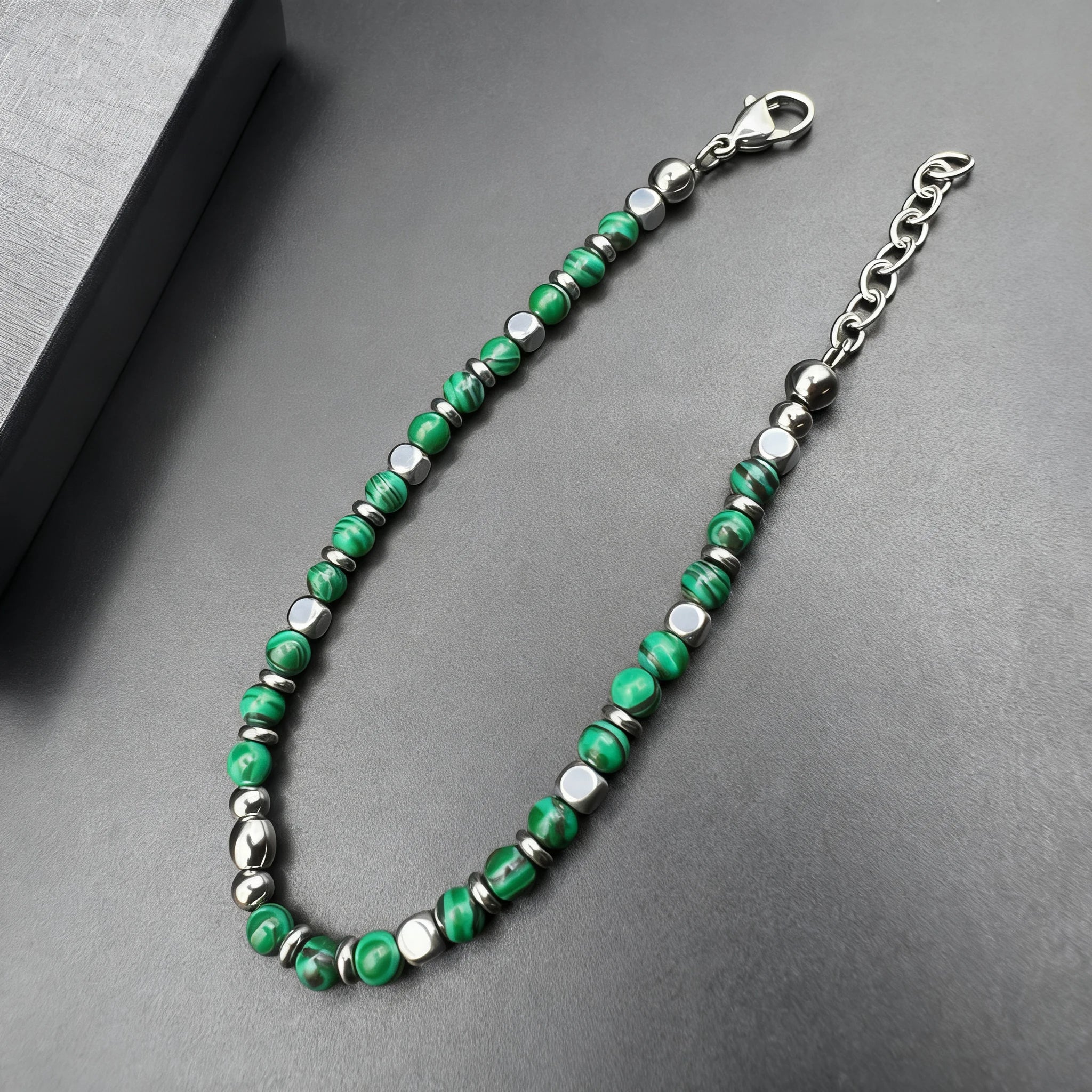 Malachite & Stainless Steel Bead Bracelet – Modern Minimal Style – | Metta Jewelry