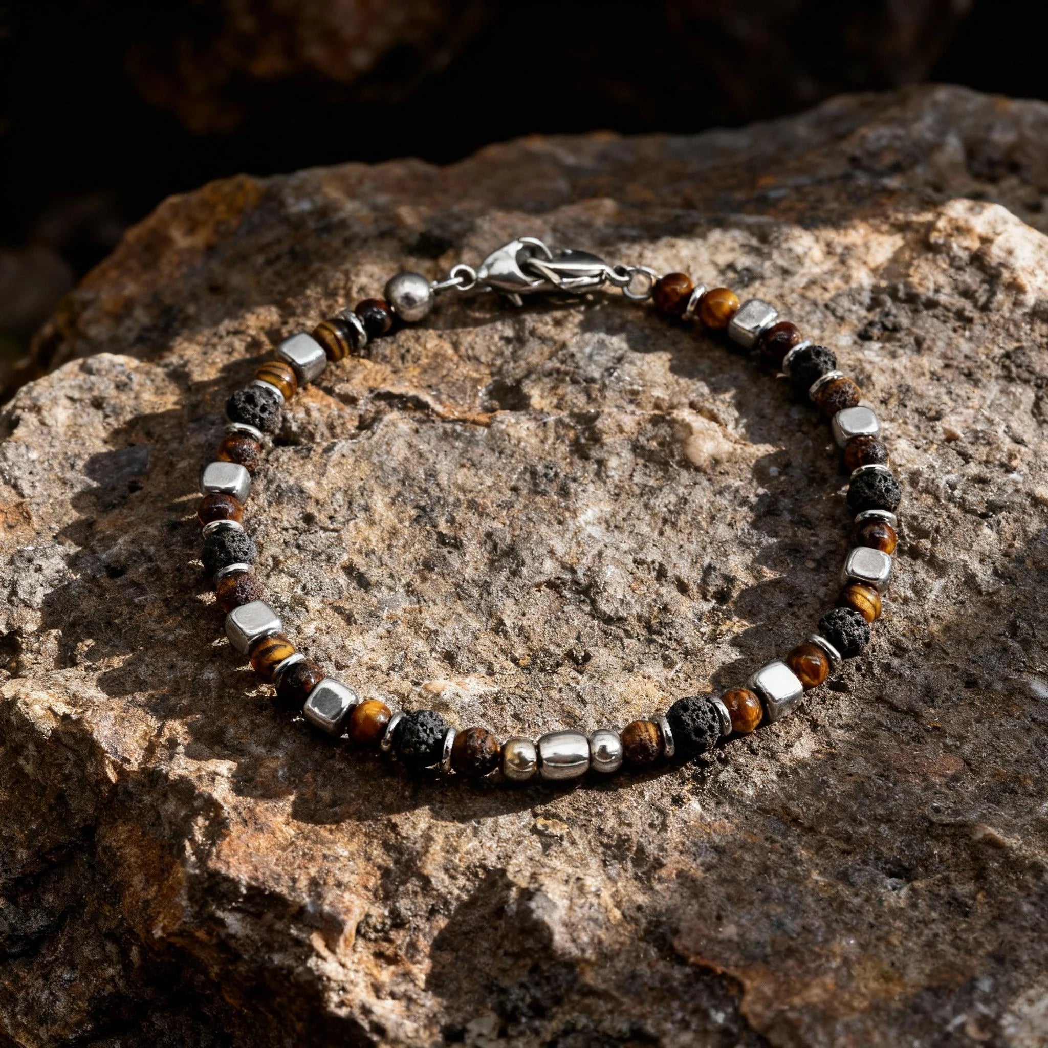 Tiger’s Eye & Volcanic Rock Steel Spacer Bead Bracelet – Modern Minimal Style – | Metta Jewelry