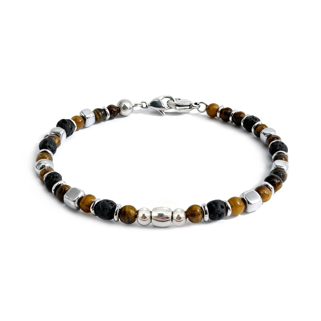 Tiger’s Eye & Volcanic Rock Steel Spacer Bead Bracelet – Modern Minimal Style – | Metta Jewelry
