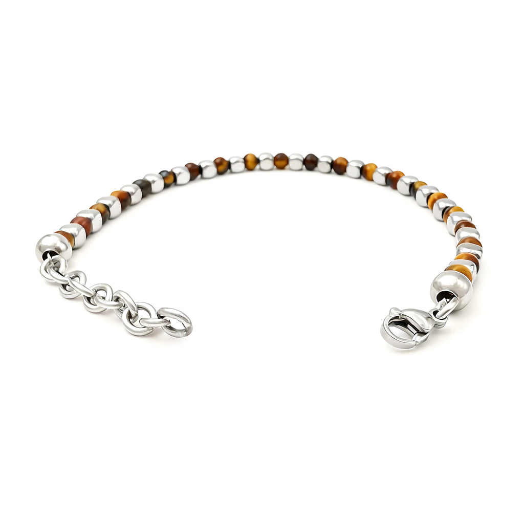 Tiger’s Eye & Stainless Steel Cube Bead Bracelet – Modern Minimal Style – | Metta Jewelry