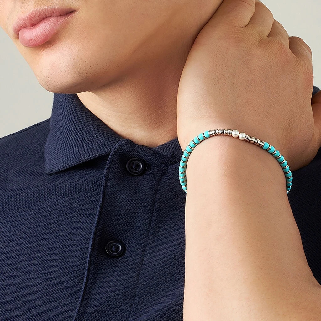 Turquoise & White Pearl Steel Ring Bead Bracelet – Modern Minimal Style – | Metta Jewelry