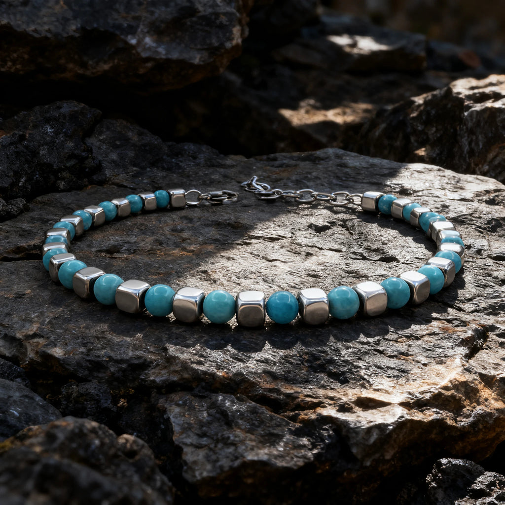 Turquoise & Cube Stainless Steel Bead Bracelet – Modern Minimal Style – | Metta Jewelry