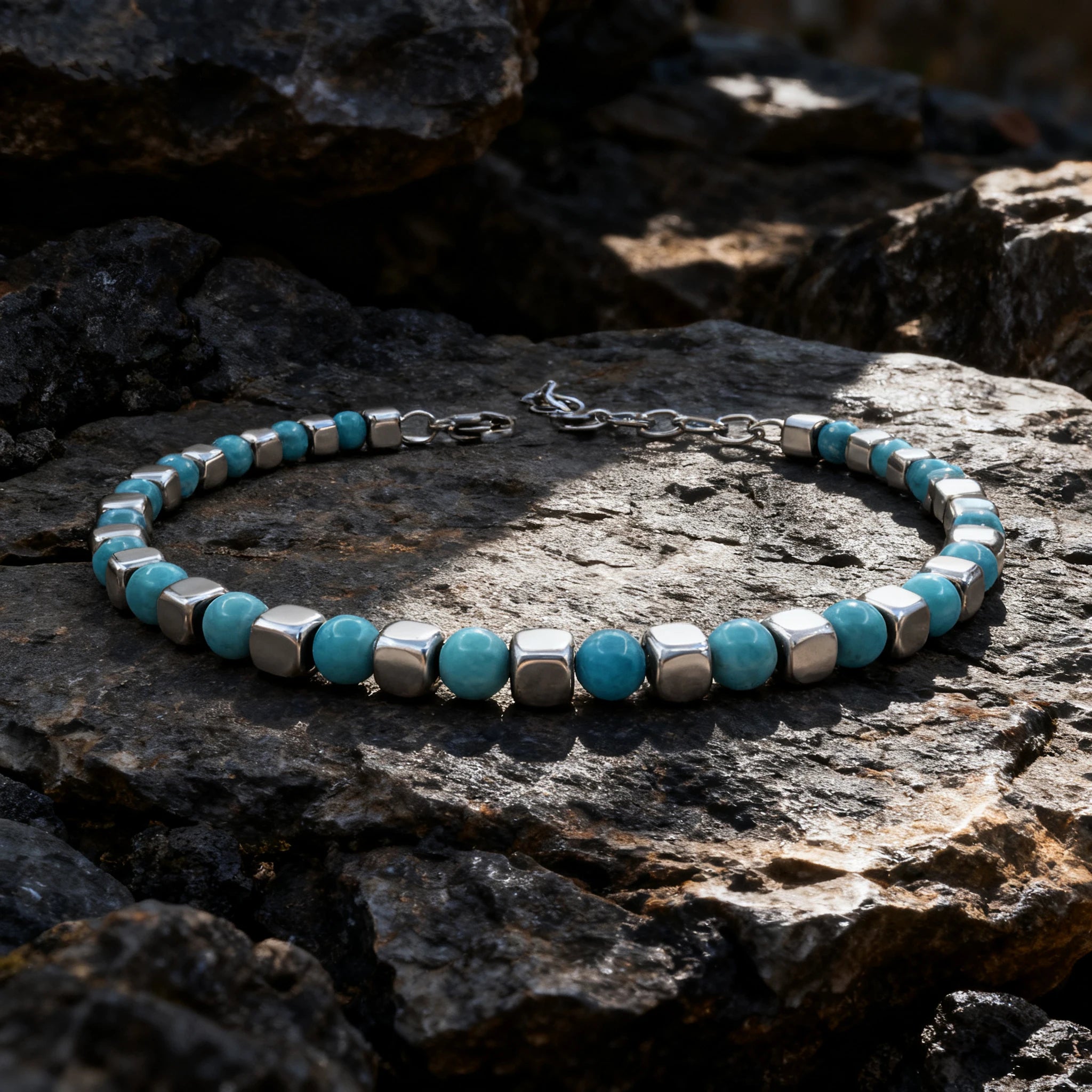 Turquoise & Cube Stainless Steel Bead Bracelet – Modern Minimal Style – | Metta Jewelry