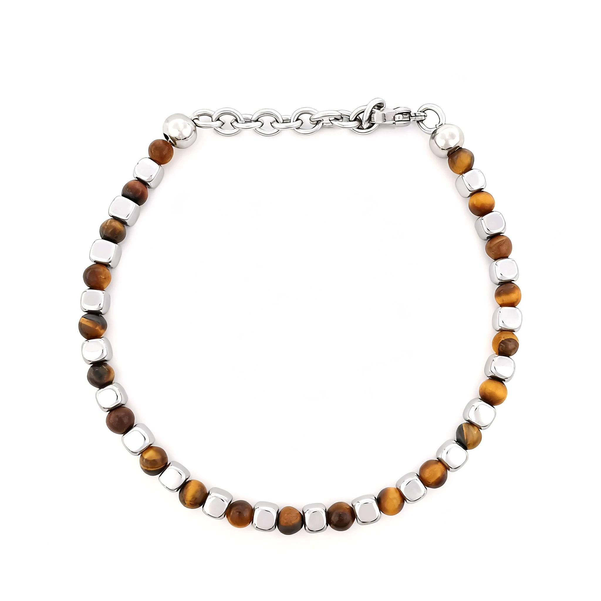 Tiger’s Eye & Stainless Steel Cube Bead Bracelet – Modern Minimal Style – | Metta Jewelry