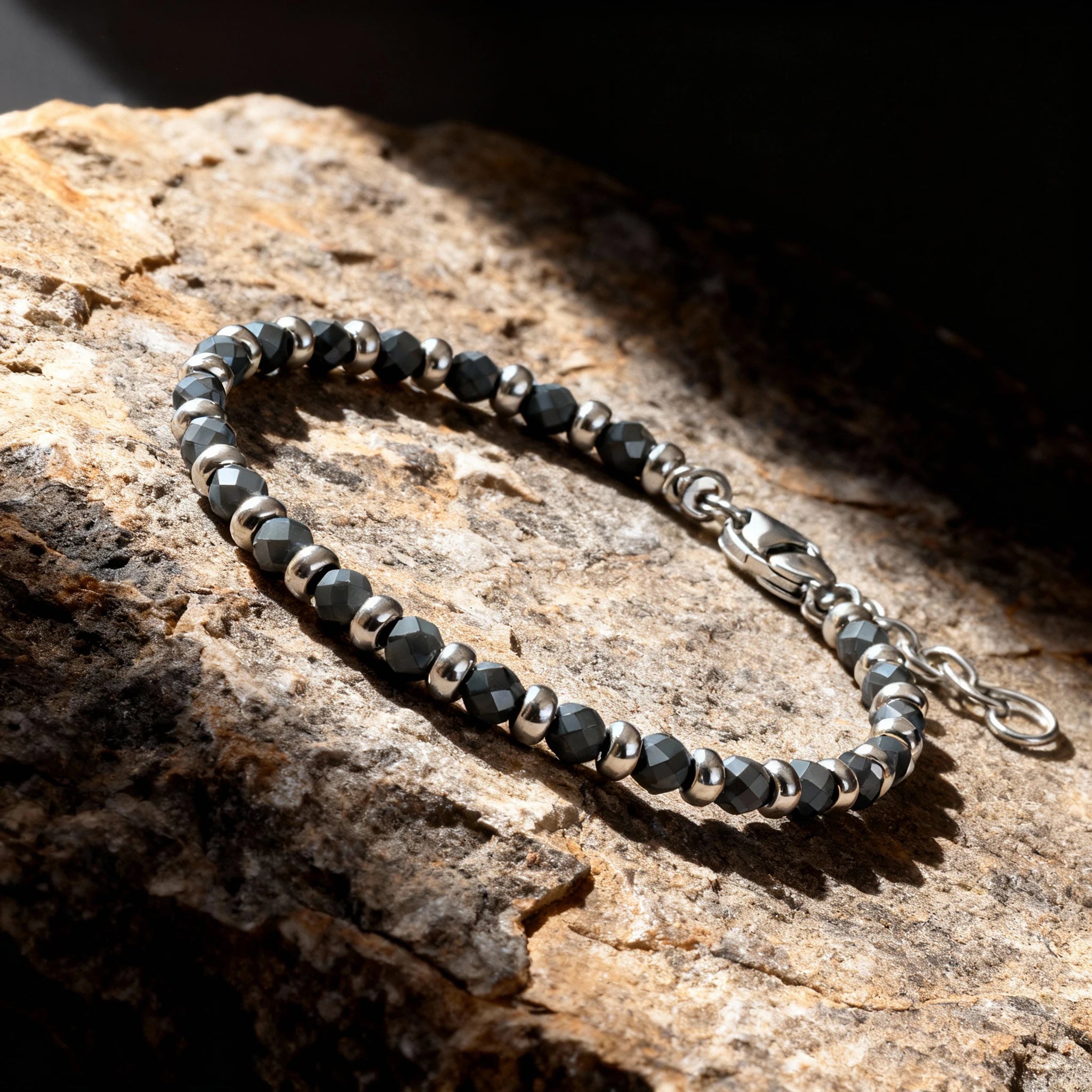 Faceted Bead & Ring Steel Stone Bracelet – Hematite – | Metta Jewelry