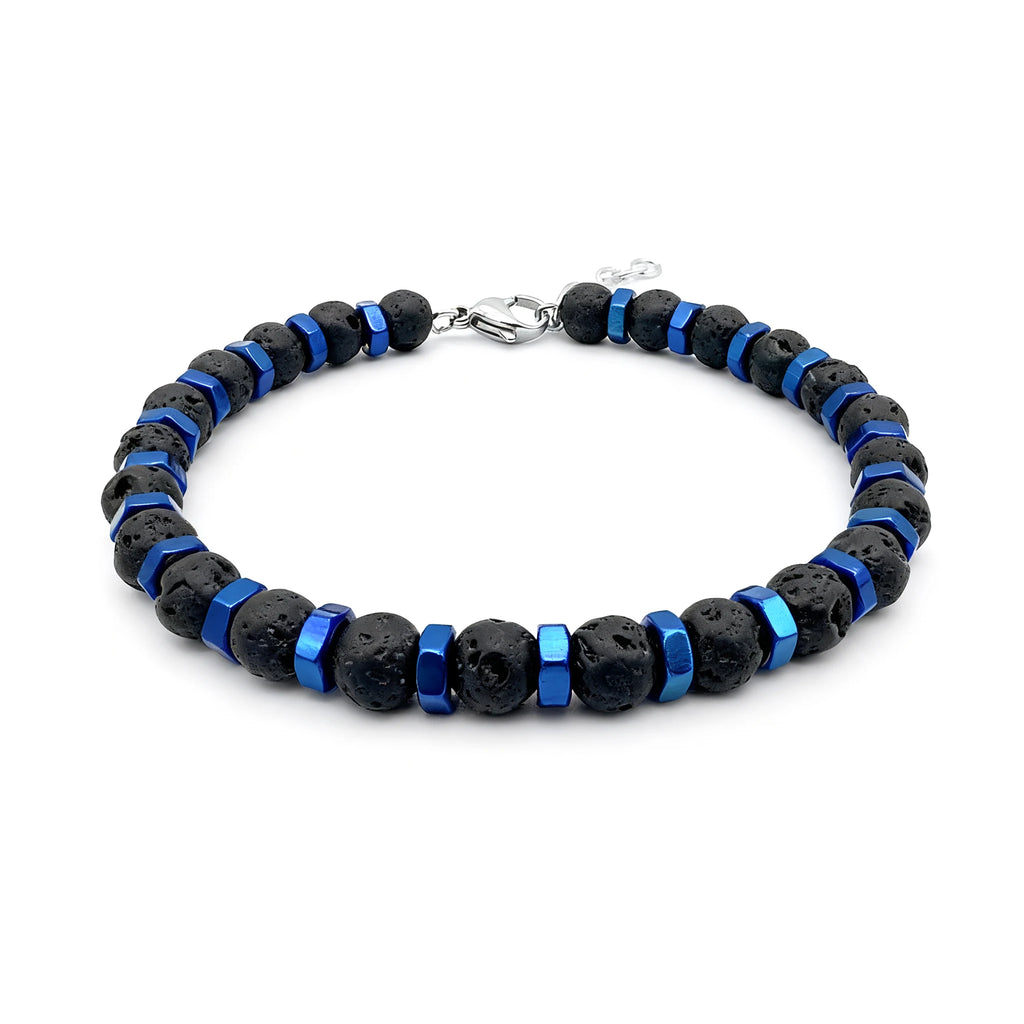 Black Lava Stone & Blue Hex Steel Bead Bracelet – Modern Geometric Style – | Metta Jewelry