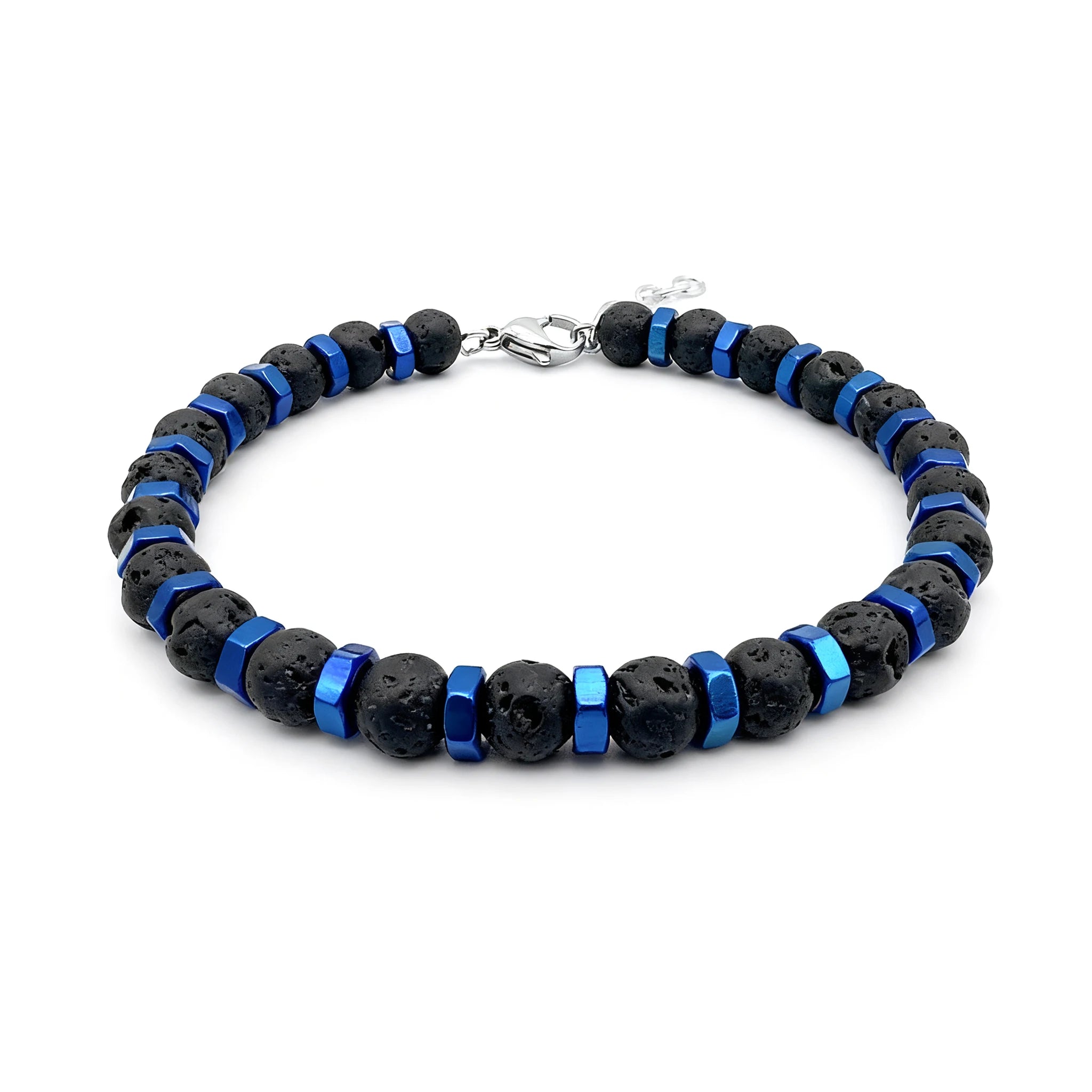 Black Lava Stone & Blue Hex Steel Bead Bracelet – Modern Geometric Style – | Metta Jewelry