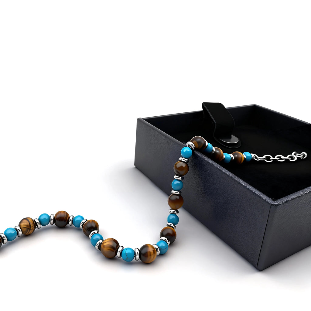 Turquoise & Tiger’s Eye Steel Spacer Bead Bracelet – | Metta Jewelry