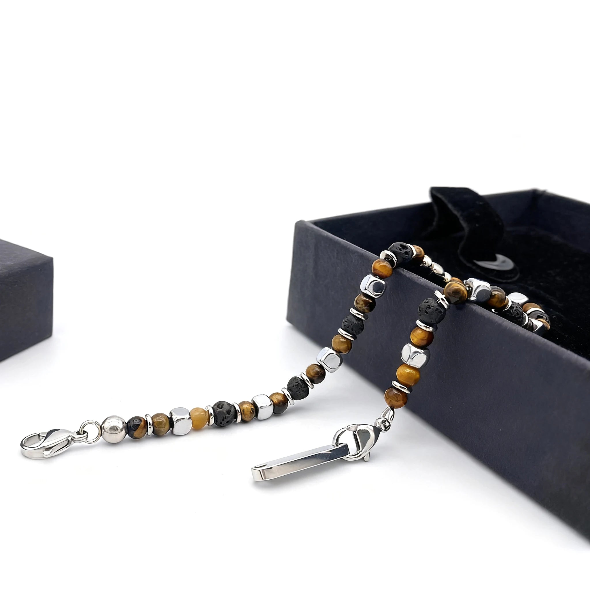 Tiger’s Eye & Volcanic Rock Steel Spacer Bead Bracelet – Modern Minimal Style – | Metta Jewelry