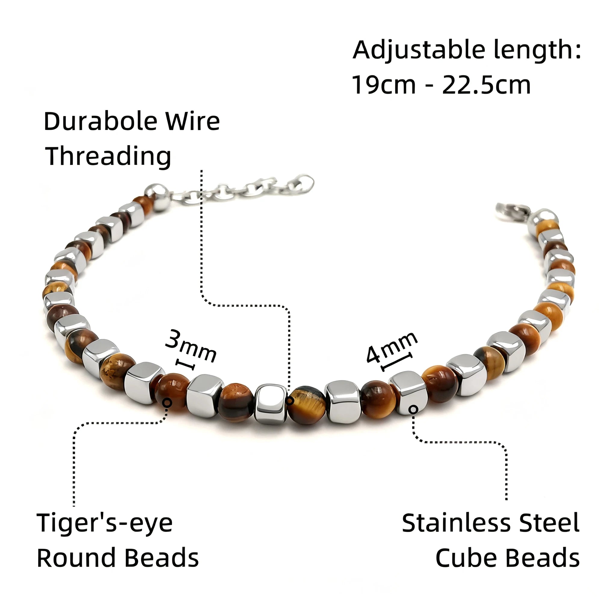 Tiger’s Eye & Stainless Steel Cube Bead Bracelet – Modern Minimal Style – | Metta Jewelry