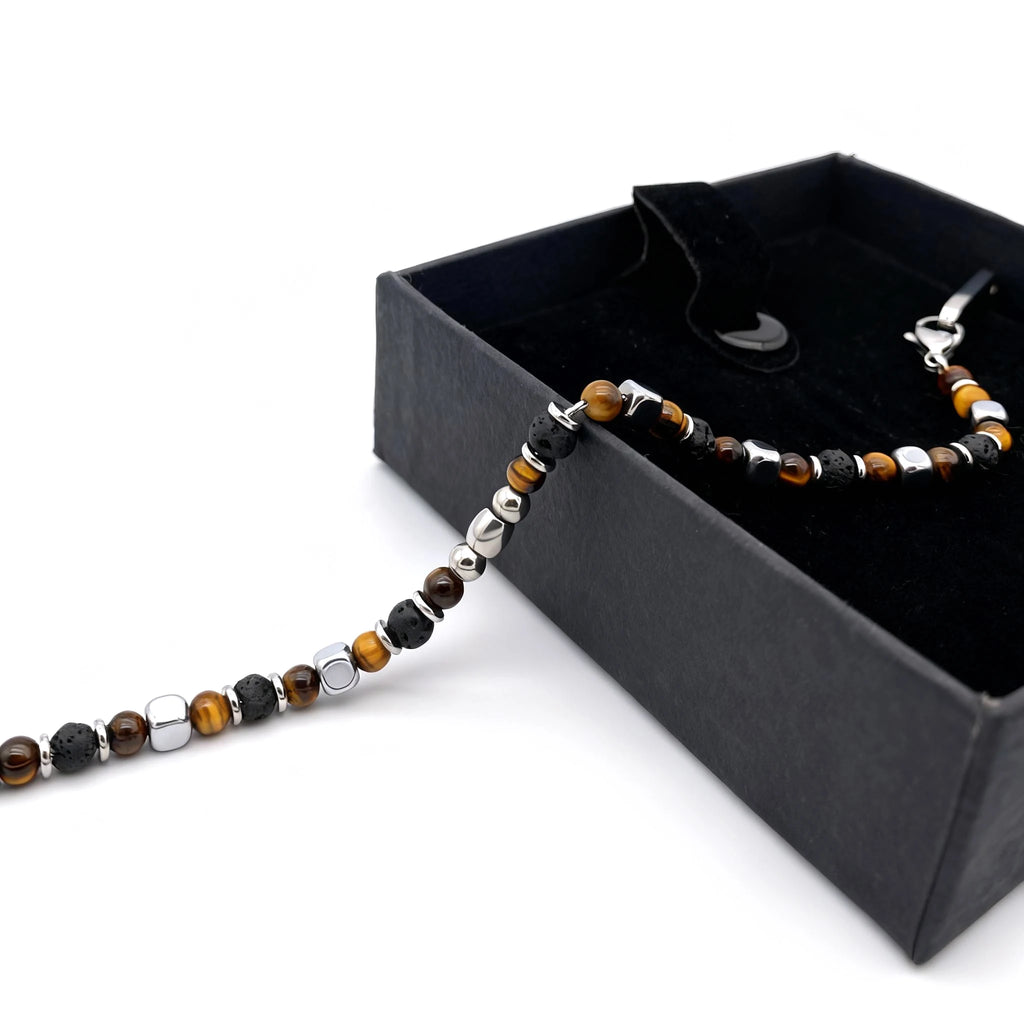 Tiger’s Eye & Volcanic Rock Steel Spacer Bead Bracelet – Modern Minimal Style – | Metta Jewelry