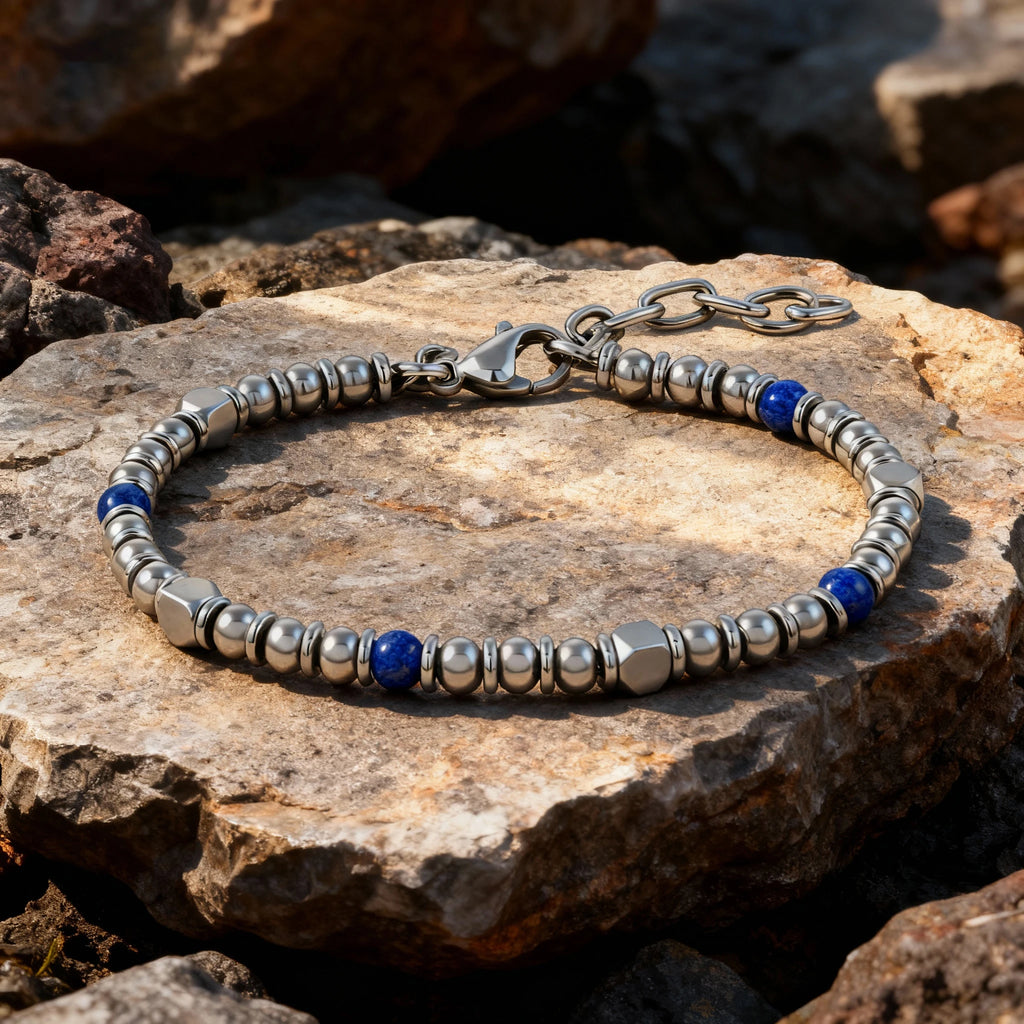 Blue Stone & Stainless Steel Bead Bracelet – Modern Minimal Style – | Metta Jewelry