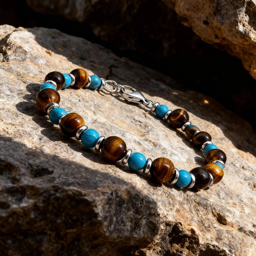 Turquoise & Tiger’s Eye Steel Spacer Bead Bracelet – | Metta Jewelry