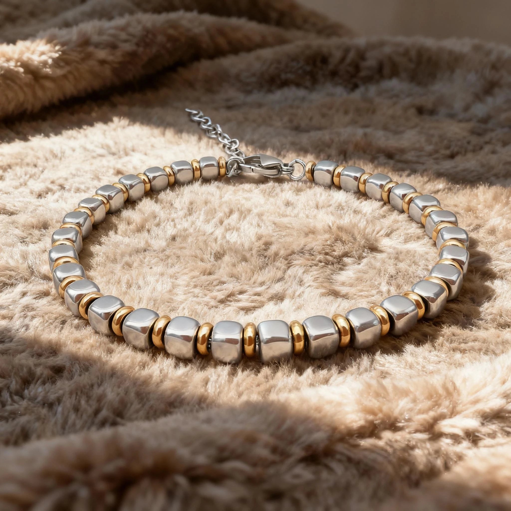 Stainless Steel & Rose Gold Ring Bead Bracelet – Modern Minimal Style – | Metta Jewelry