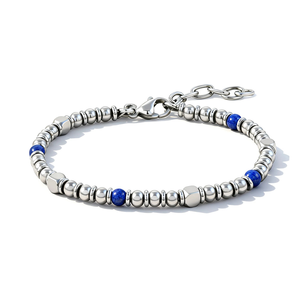 Blue Stone & Stainless Steel Bead Bracelet – Modern Minimal Style – 19 add 3cm | Metta Jewelry