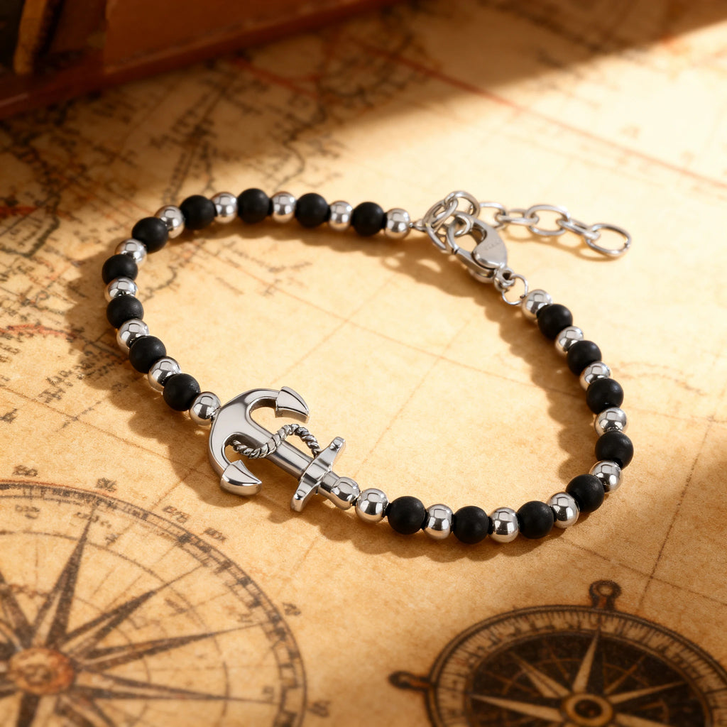Obsidian & Stainless Steel Anchor Bead Bracelet – Modern Minimal Style – | Metta Jewelry