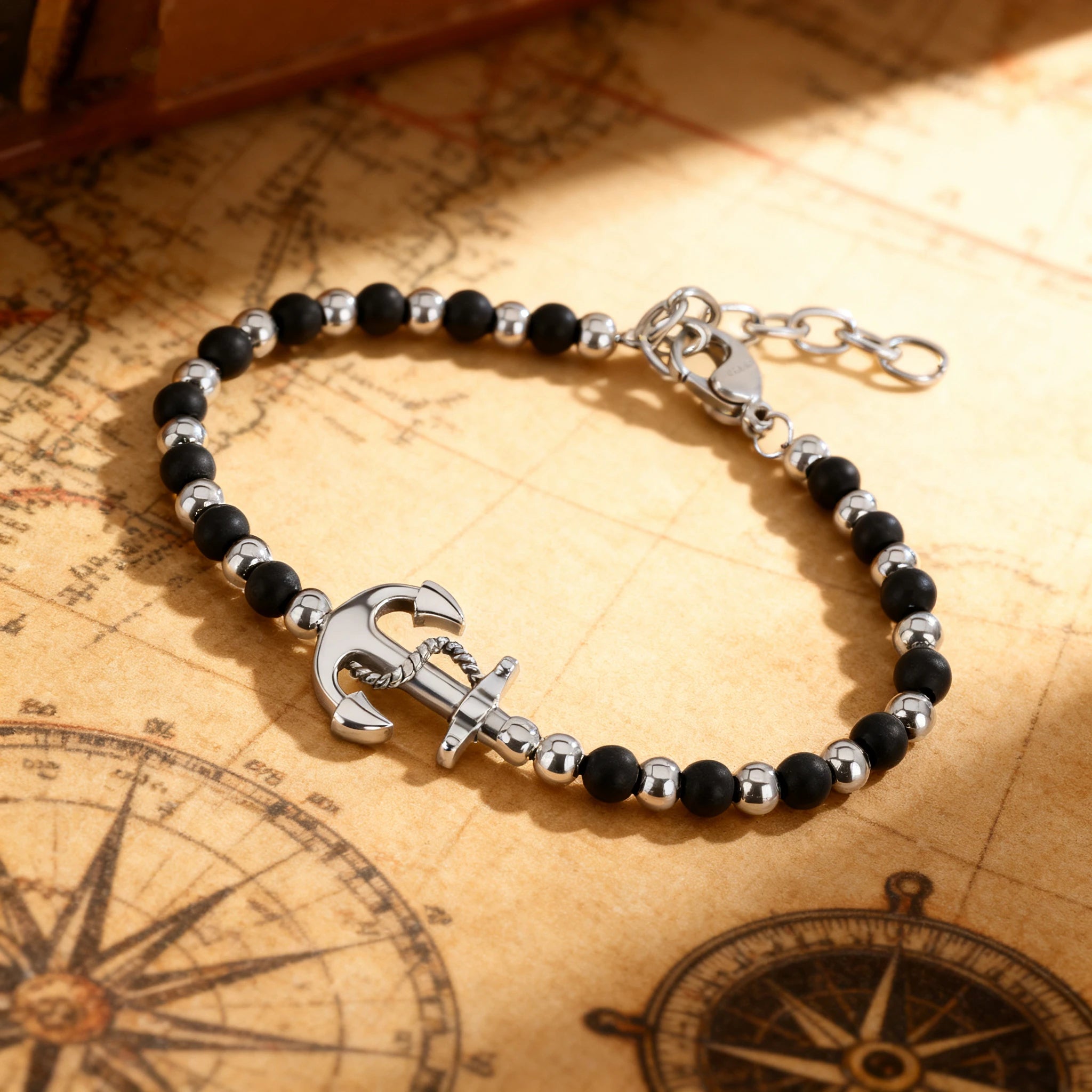 Obsidian & Stainless Steel Anchor Bead Bracelet – Modern Minimal Style – | Metta Jewelry