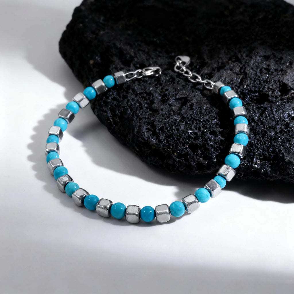 Turquoise & Cube Stainless Steel Bead Bracelet – Modern Minimal Style – | Metta Jewelry