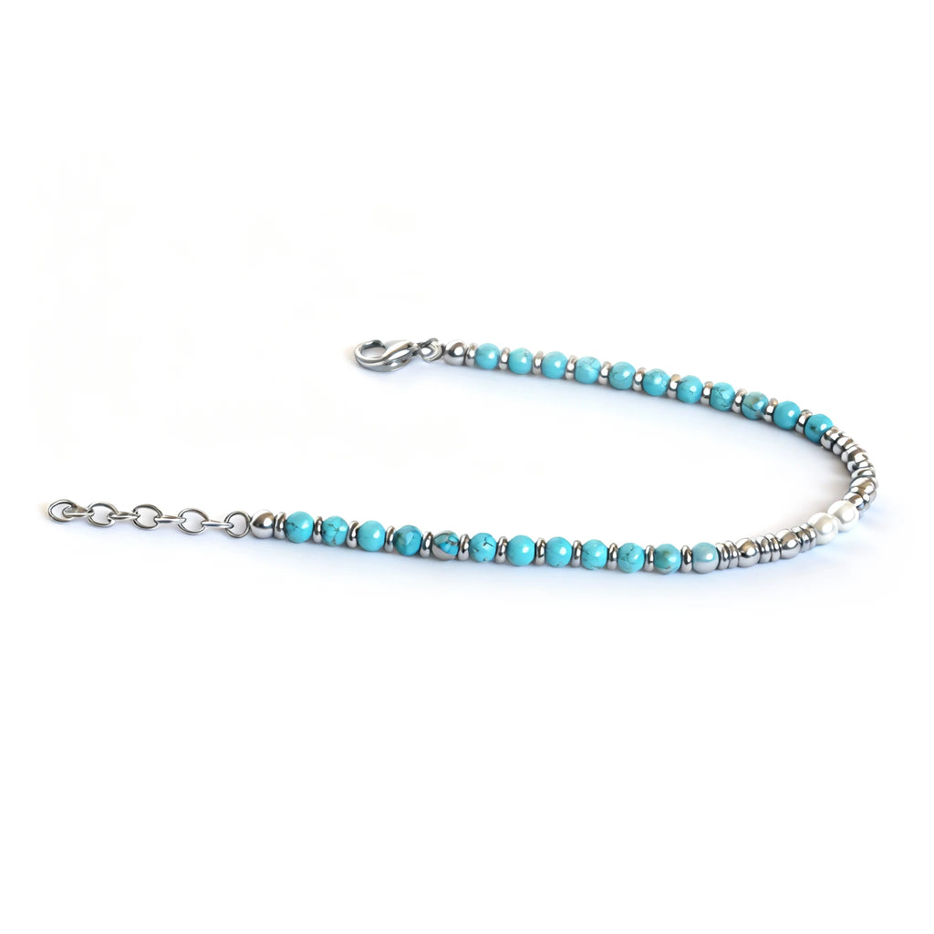 Turquoise & White Pearl Steel Ring Bead Bracelet – Modern Minimal Style – | Metta Jewelry