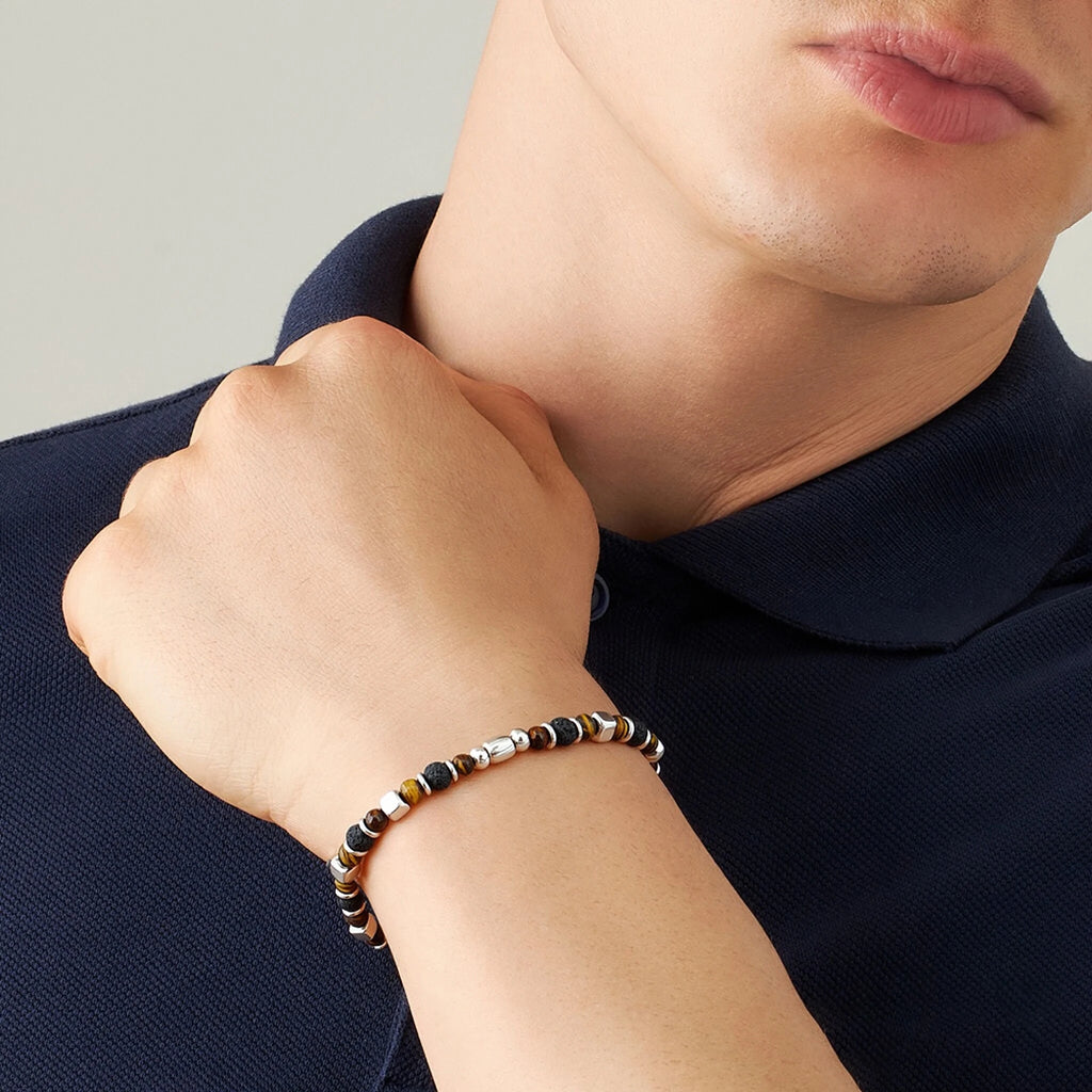 Tiger’s Eye & Volcanic Rock Steel Spacer Bead Bracelet – Modern Minimal Style – | Metta Jewelry