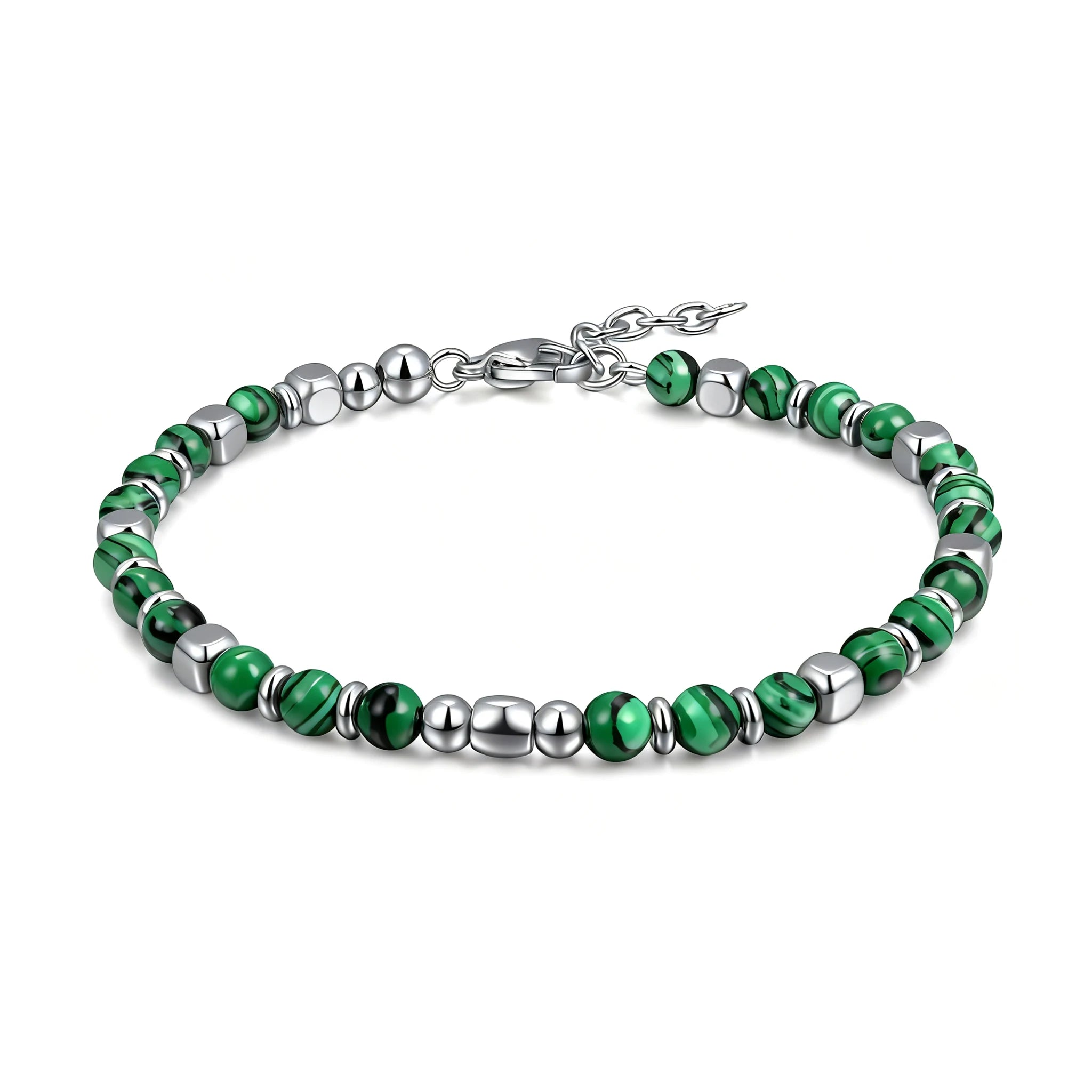 Malachite & Stainless Steel Bead Bracelet – Modern Minimal Style – | Metta Jewelry