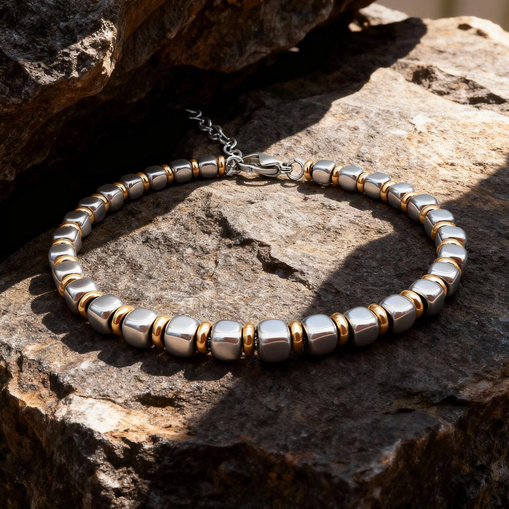 Stainless Steel & Rose Gold Ring Bead Bracelet – Modern Minimal Style – | Metta Jewelry