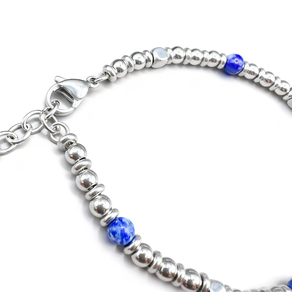 Blue Stone & Stainless Steel Bead Bracelet – Modern Minimal Style – | Metta Jewelry
