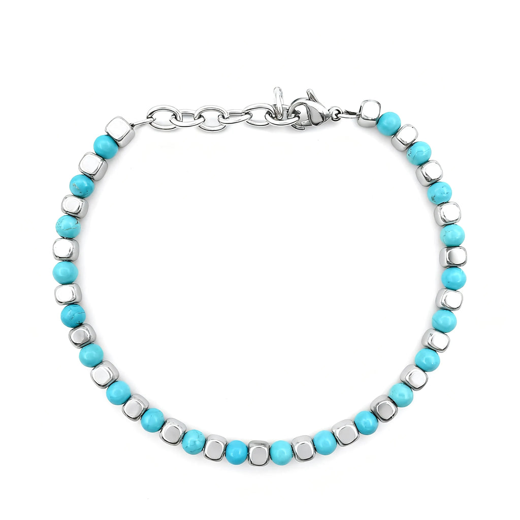 Turquoise & Cube Stainless Steel Bead Bracelet – Modern Minimal Style – | Metta Jewelry