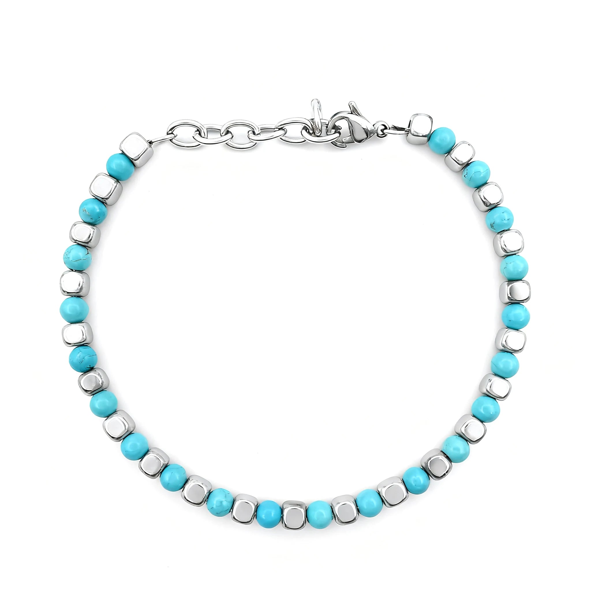 Turquoise & Cube Stainless Steel Bead Bracelet – Modern Minimal Style – | Metta Jewelry