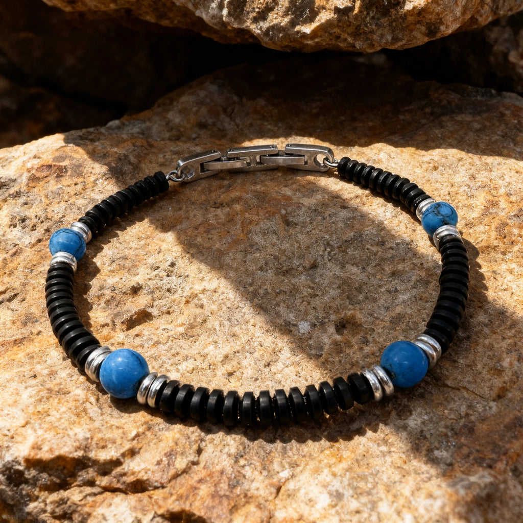 Black Stainless Steel & Turquoise Bead Bracelet – Modern Minimal Style – | Metta Jewelry