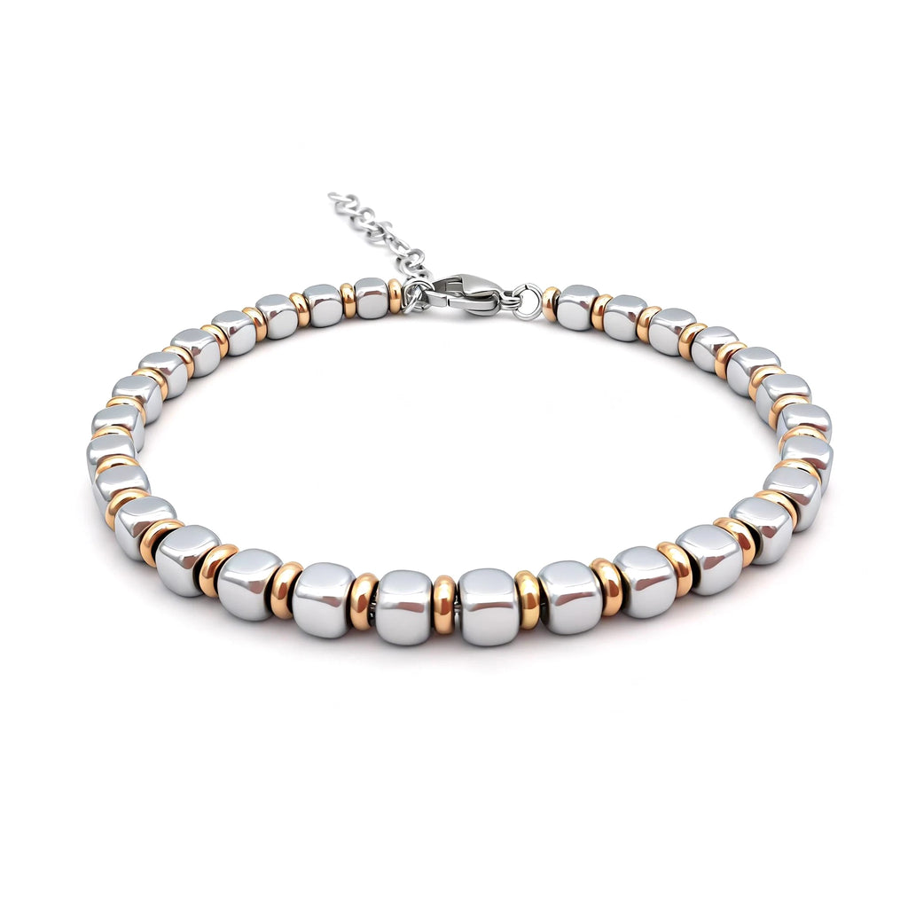 Stainless Steel & Rose Gold Ring Bead Bracelet – Modern Minimal Style – 19 add 3cm | Metta Jewelry