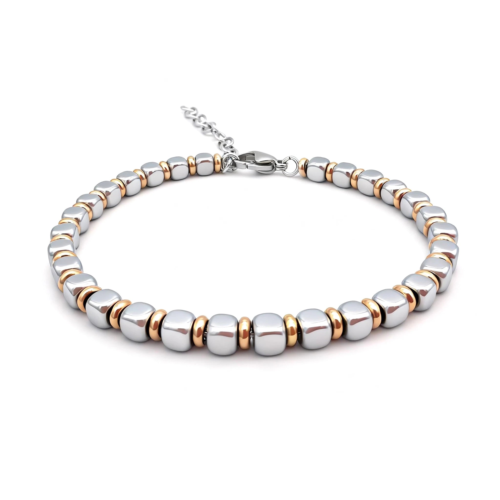 Stainless Steel & Rose Gold Ring Bead Bracelet – Modern Minimal Style – 19 add 3cm | Metta Jewelry