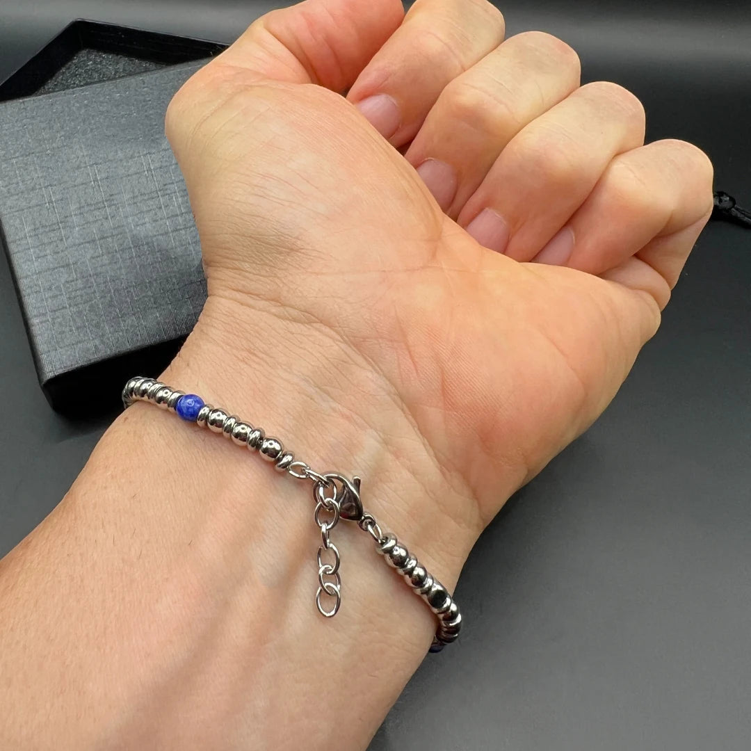 Blue Stone & Stainless Steel Bead Bracelet – Modern Minimal Style – | Metta Jewelry