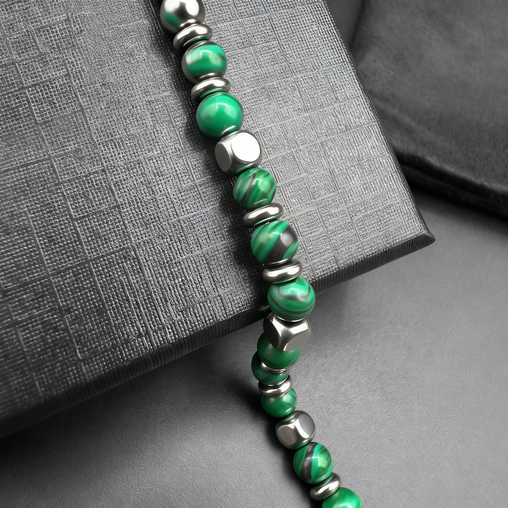 Malachite & Stainless Steel Bead Bracelet – Modern Minimal Style – | Metta Jewelry