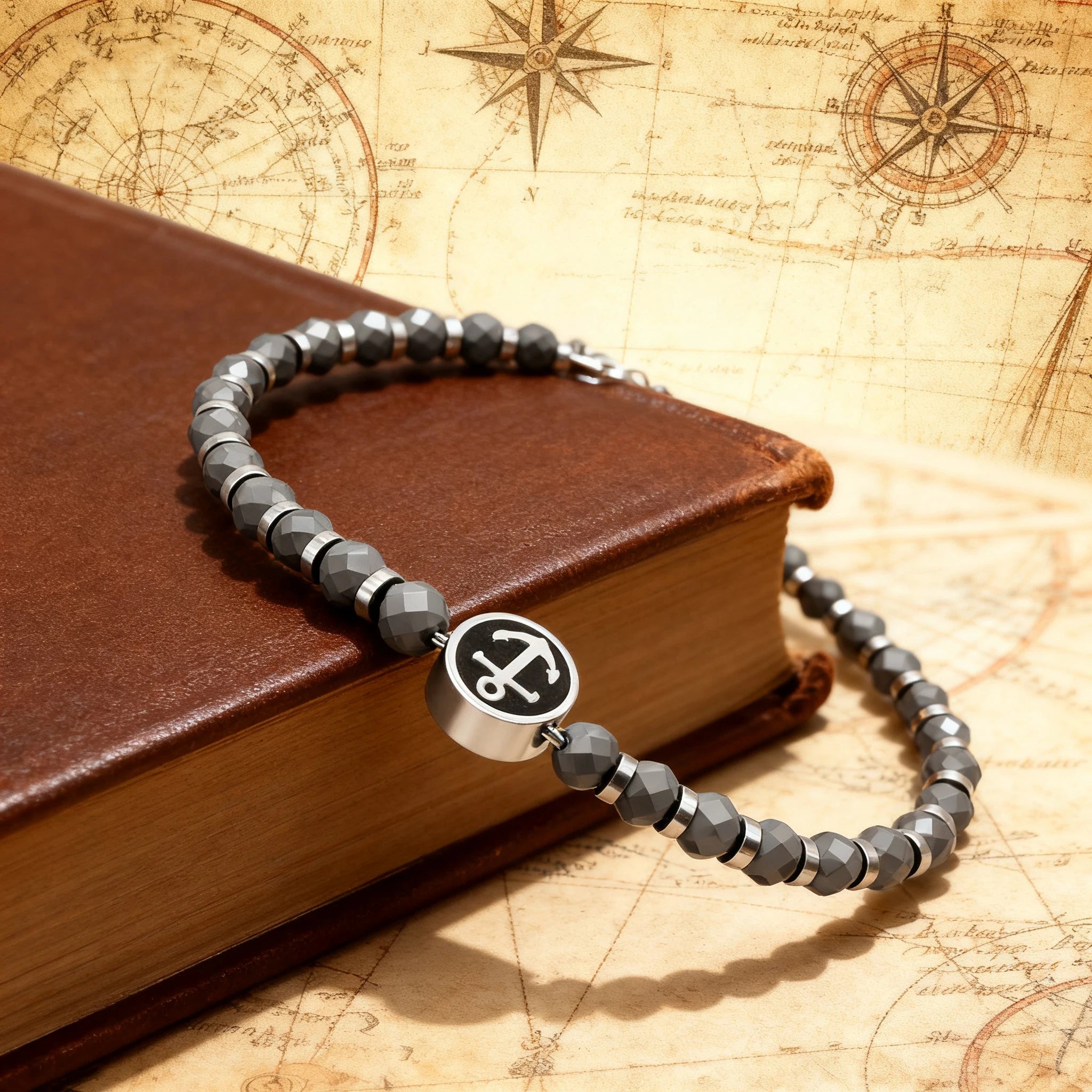 Hematite & Stainless Steel Anchor Disc Bead Bracelet – Modern Minimal Style – | Metta Jewelry