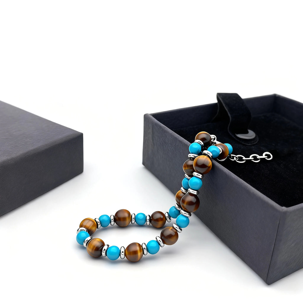 Turquoise & Tiger’s Eye Steel Spacer Bead Bracelet – | Metta Jewelry