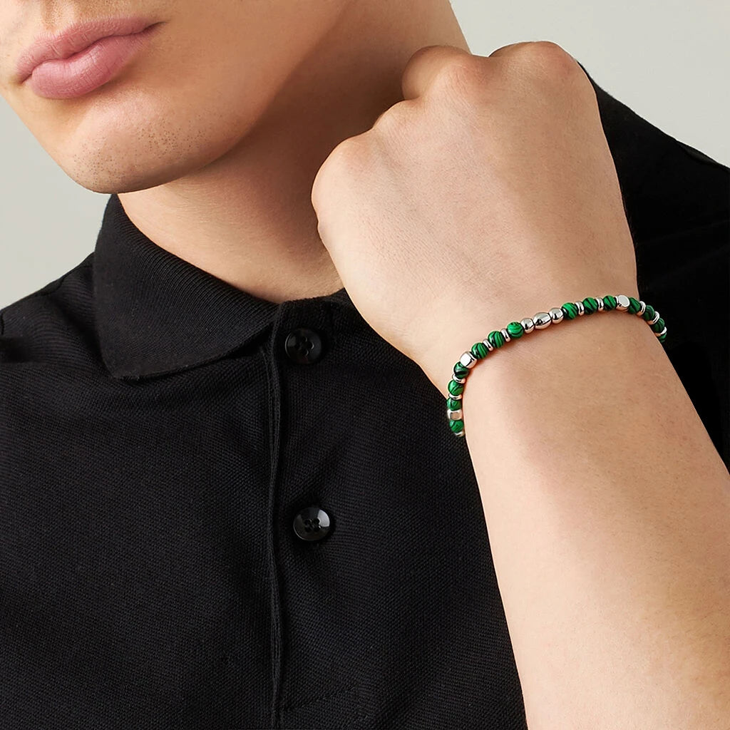 Malachite & Stainless Steel Bead Bracelet – Modern Minimal Style – | Metta Jewelry