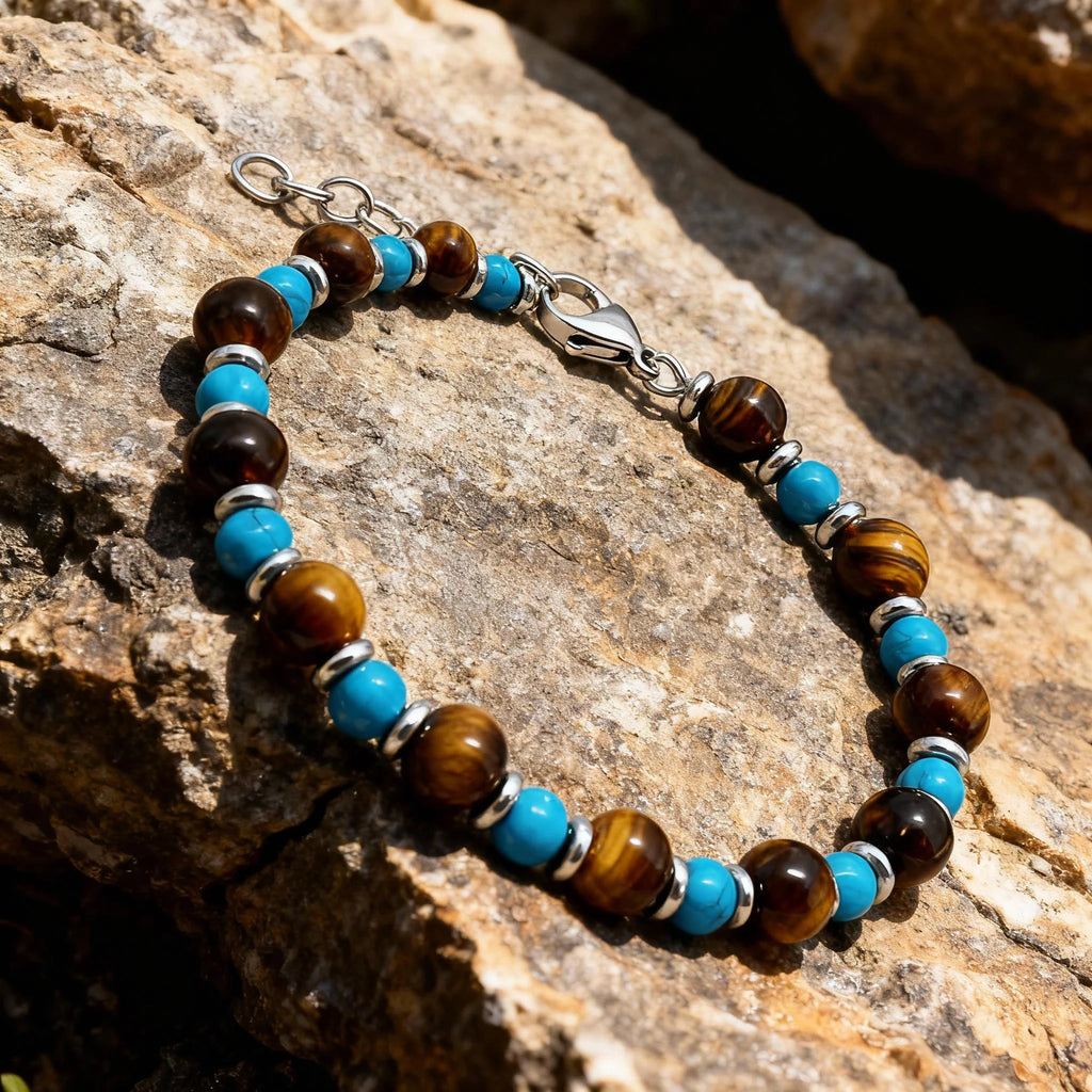 Turquoise & Tiger’s Eye Steel Spacer Bead Bracelet – | Metta Jewelry
