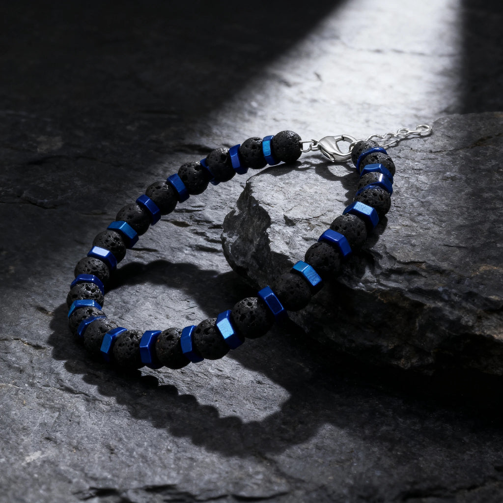 Black Lava Stone & Blue Hex Steel Bead Bracelet – Modern Geometric Style – | Metta Jewelry