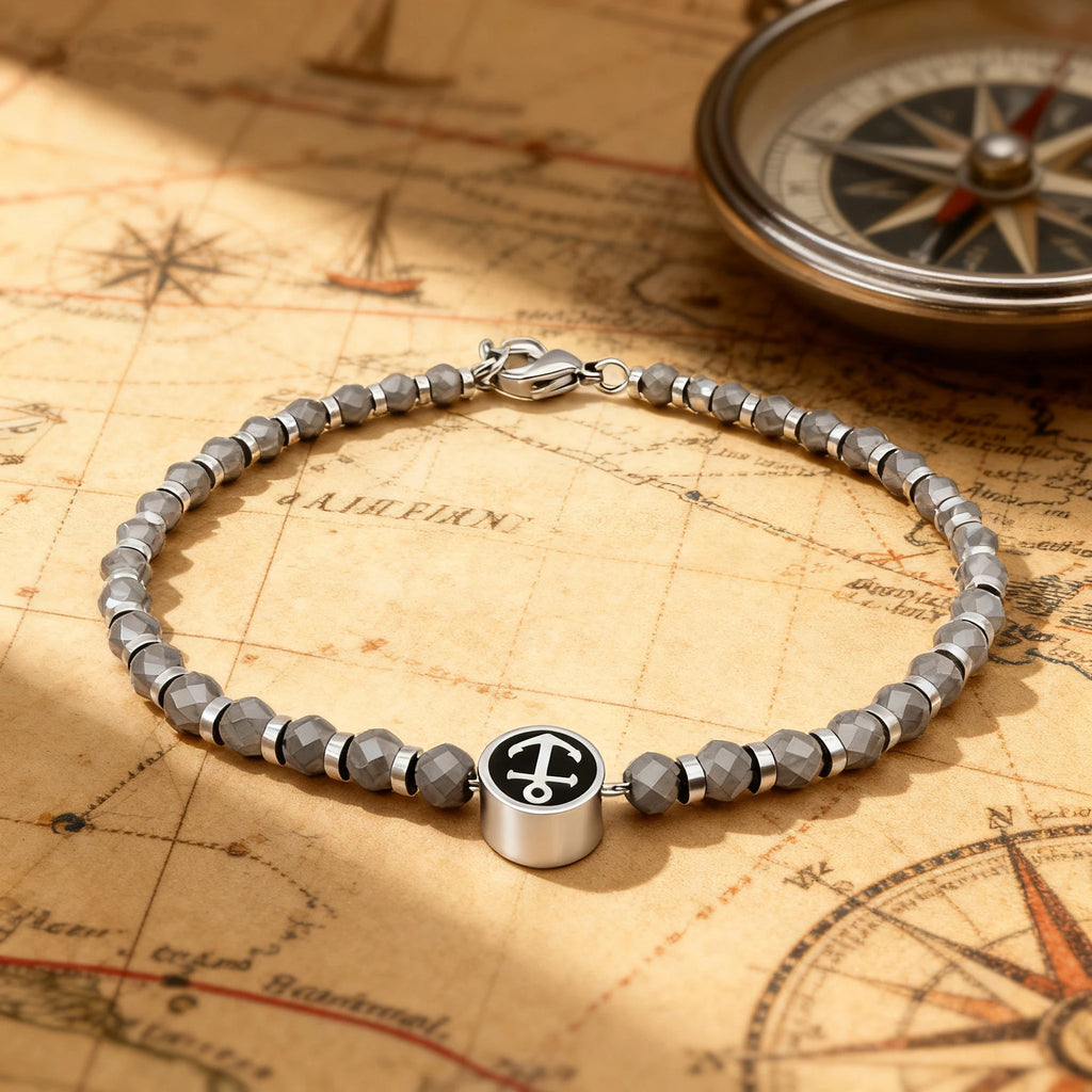 Hematite & Stainless Steel Anchor Disc Bead Bracelet – Modern Minimal Style – | Metta Jewelry