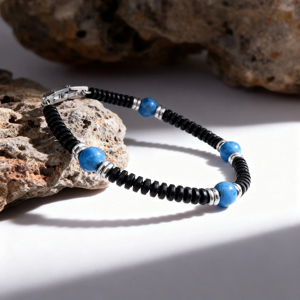 Black Stainless Steel & Turquoise Bead Bracelet – Modern Minimal Style – | Metta Jewelry