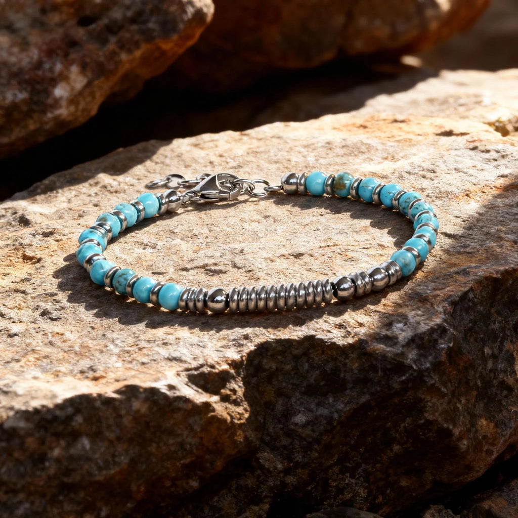 Turquoise & Disc Stainless Steel Bead Bracelet – Modern Minimal Style – | Metta Jewelry
