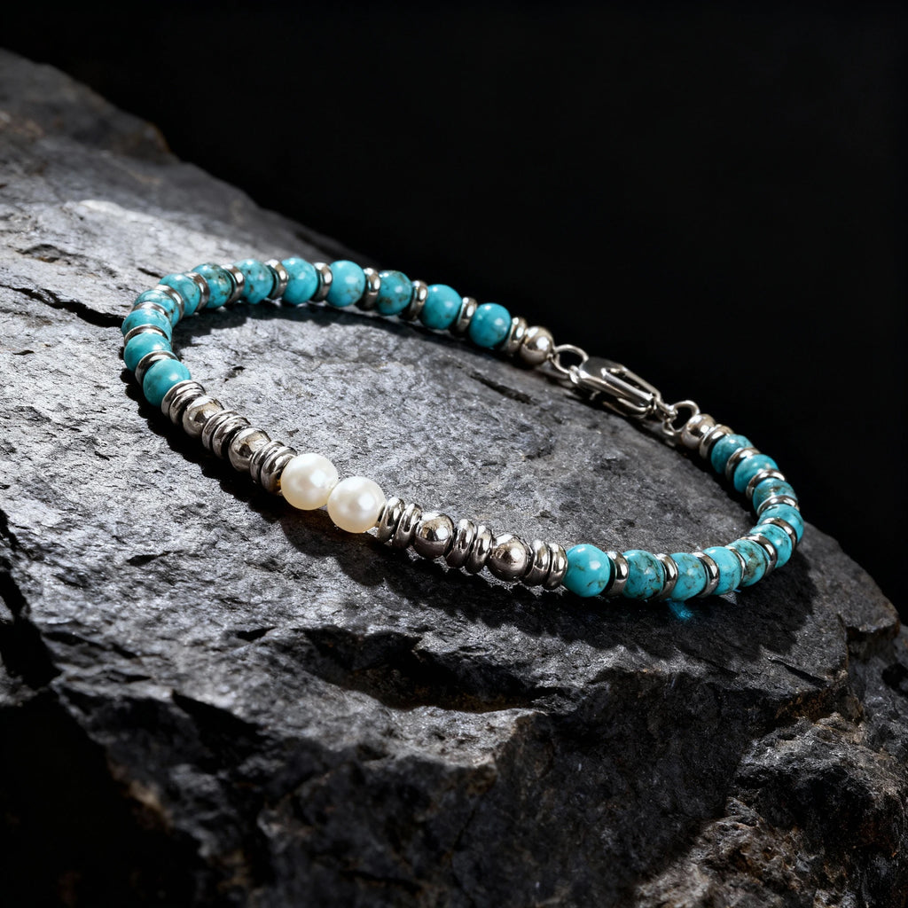 Turquoise & White Pearl Steel Ring Bead Bracelet – Modern Minimal Style – | Metta Jewelry